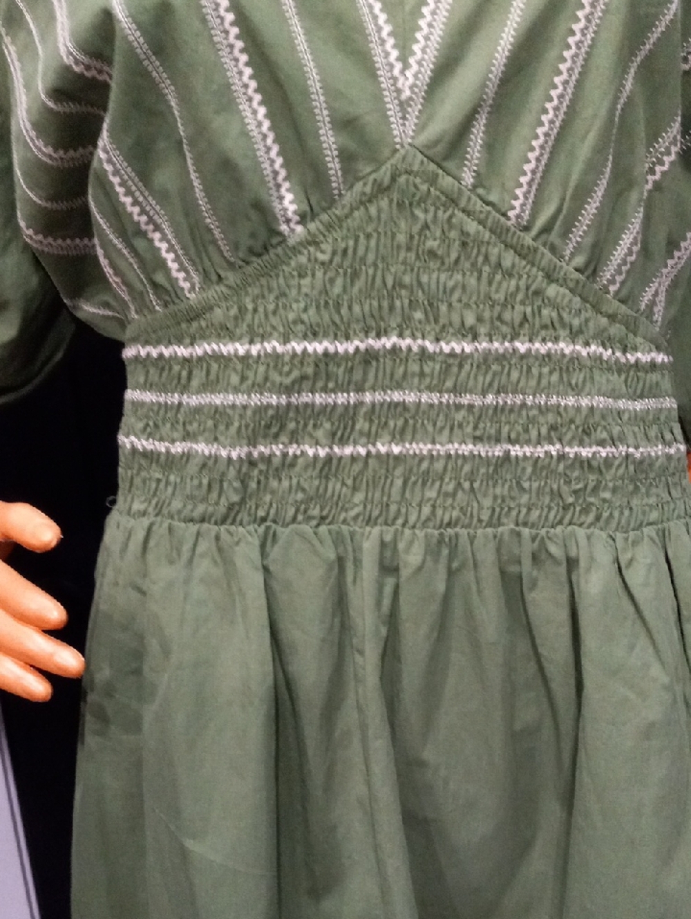 Gilli Michiko Puff Sleeve Olive V-Neck Smocked Waist Embroidered Maxi Dress - Picture 5 of 14